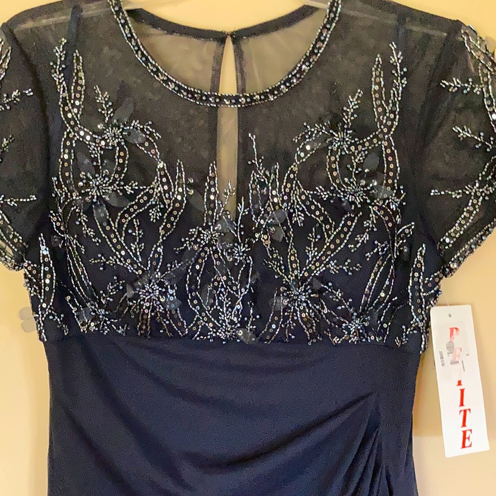 NWT Navy Xscape embellished long dress, size 6P.